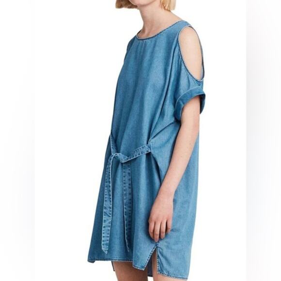 AllSaints Chambray Tie Waist Cold Shoulder T-Shirt Pullover Summer Dress Size XS - Picture 1 of 10